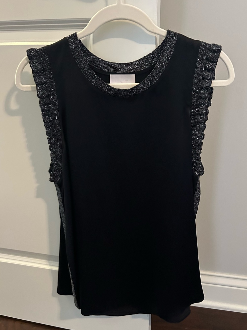 Cinq a Sept Black and Silver Shimmer Ruffle Sleeve Tank NWOT